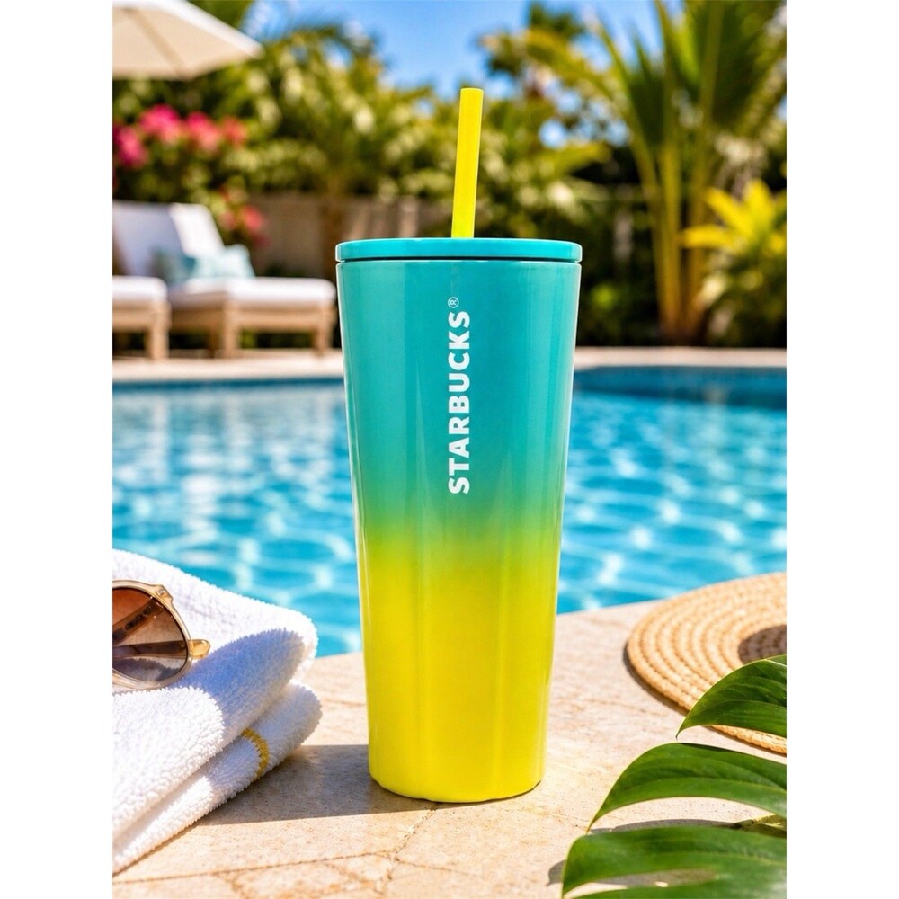 Starbucks 24oz Tumbler Straw‎ Teal Yellow Ombre Cold Drink Summer 709ml Cup New